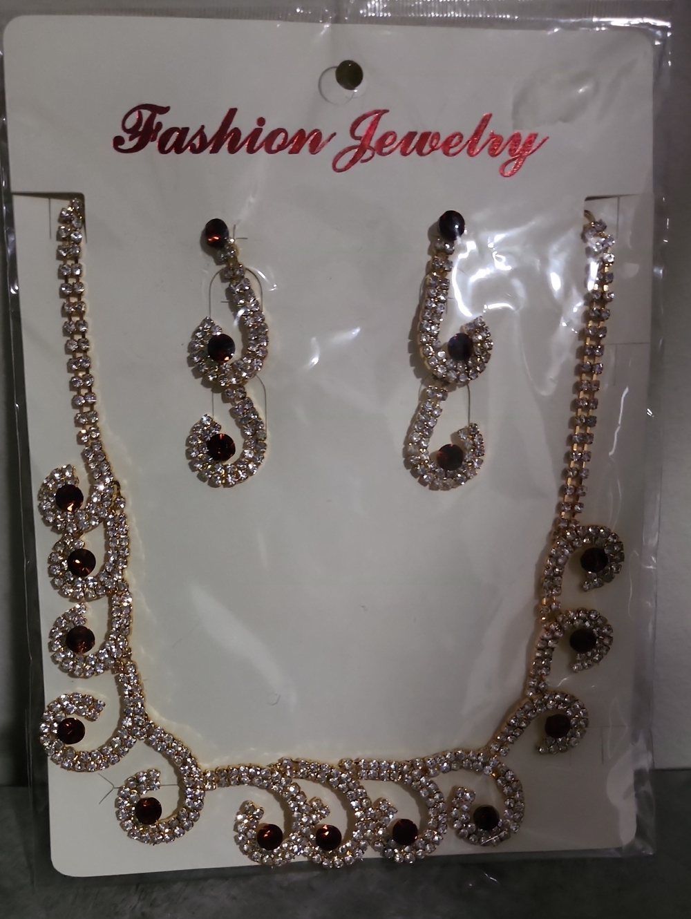 Fashion Jewelry Gold-Tone Necklace and Earrings with Amber Stones